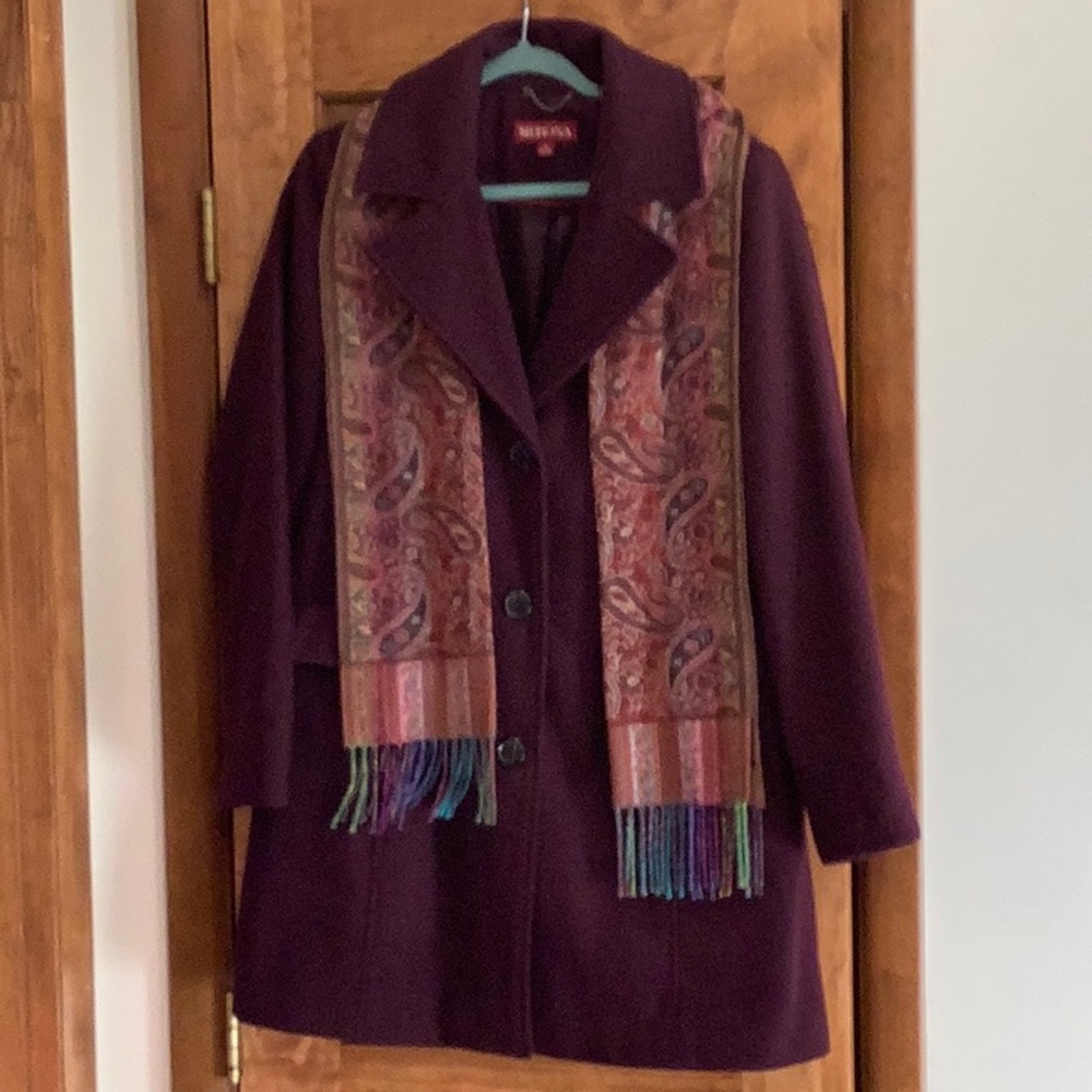 Wool mid length coat. plum with scarf
